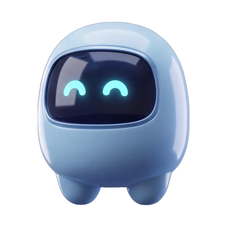 Mascota de EVA3: robot azul hielo con visor oscuro y ojos cian sonrientes